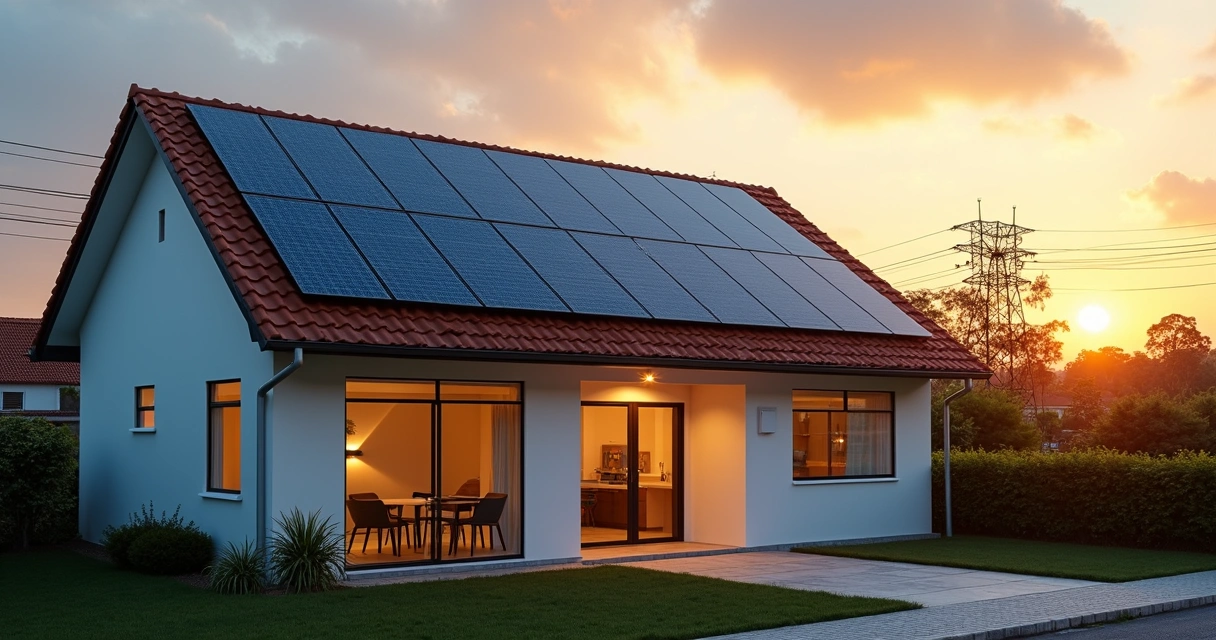 Casa com painéis solares no telhado ao pôr do sol e postes de energia ao fundo 