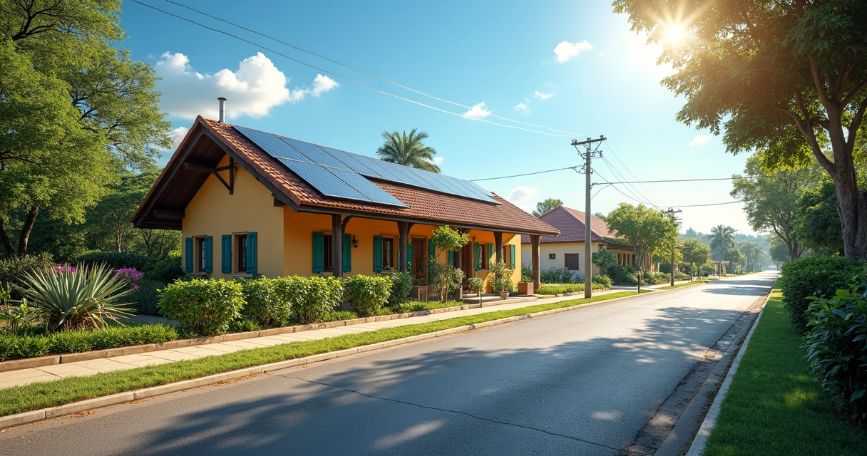 Casa popular brasileira com painéis solares no telhado e céu azul
