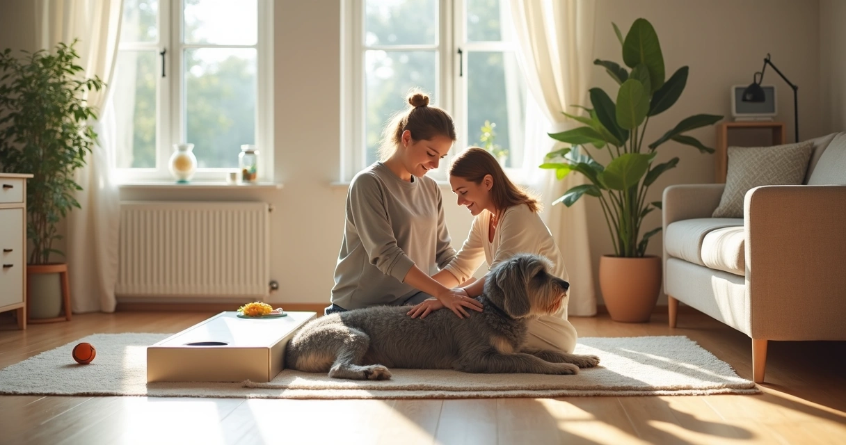 Zona de descanso adaptada para cão sénior com tapetes antiderrapantes e rampa