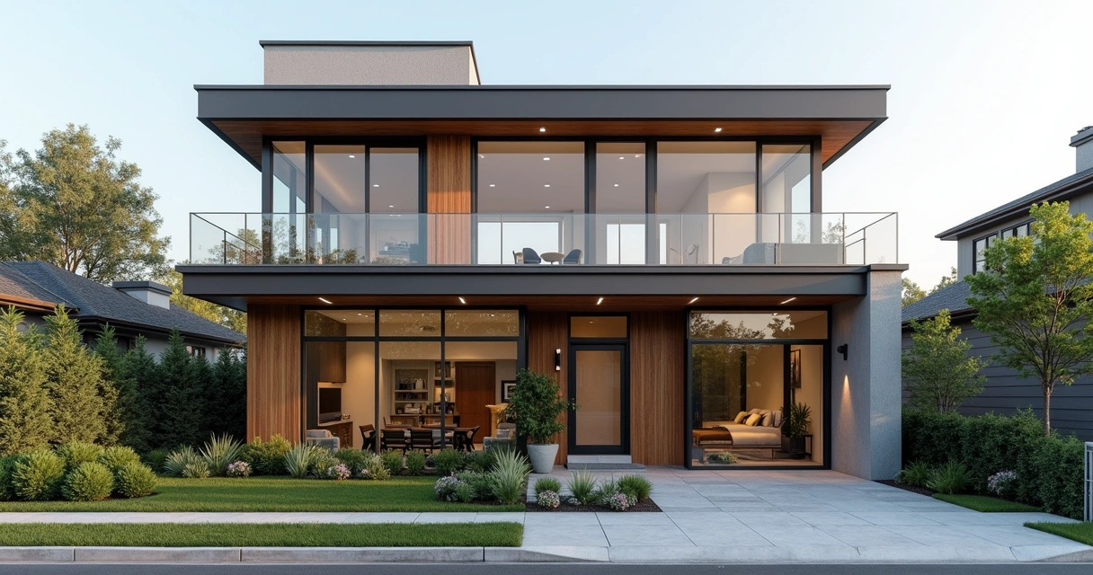 Fachada de casa pequena de design moderno com grandes janelas em um terreno compacto. 