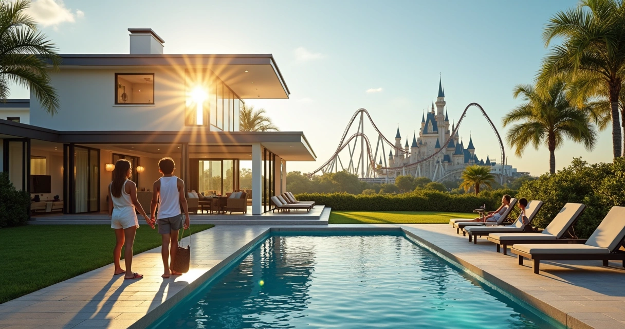 Família em casa de temporada avistando parque temático em Orlando ao fundo 