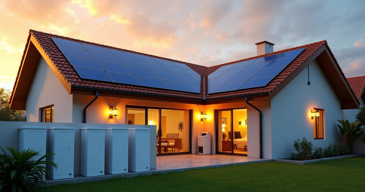 Casa moderna com painéis solares no telhado e baterias residenciais no quintal 