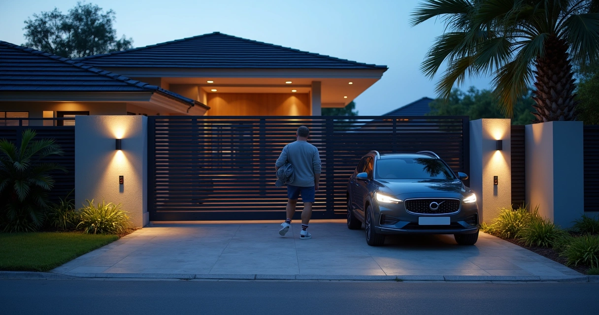 Casa moderna com portão residencial automatizado aberto ao anoitecer 