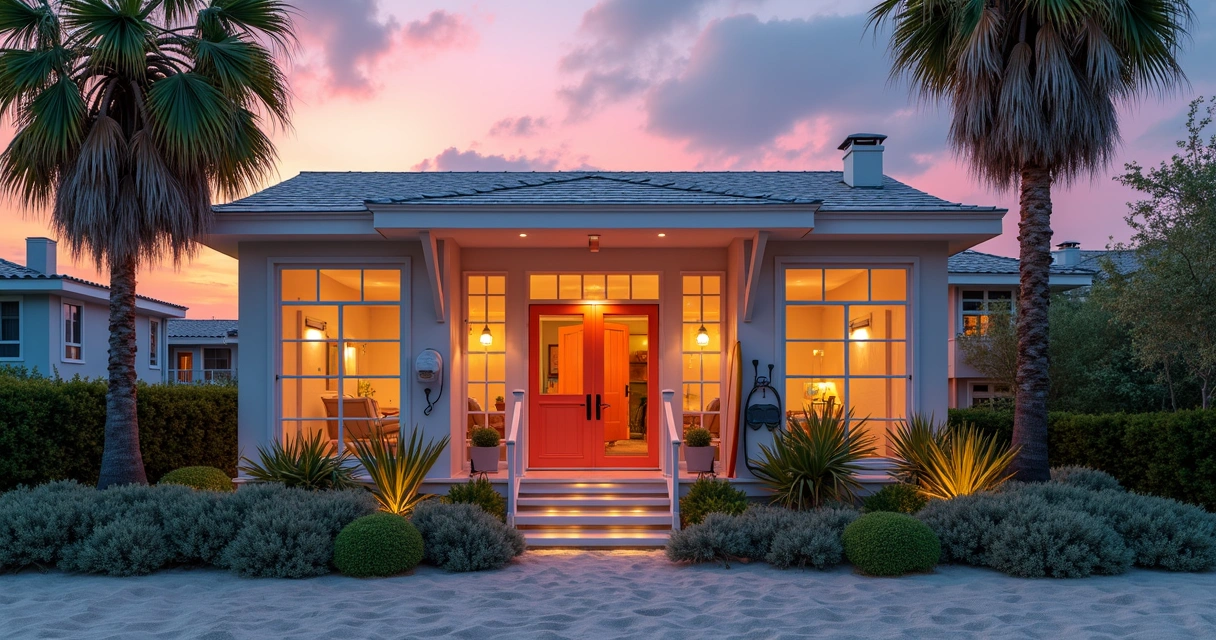 Fachada de casa de praia colorida ao entardecer com jardim organizado 