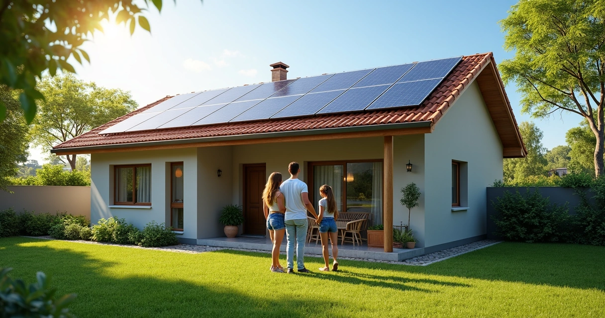 Casa moderna com telhado coberto de painéis solares e família olhando 