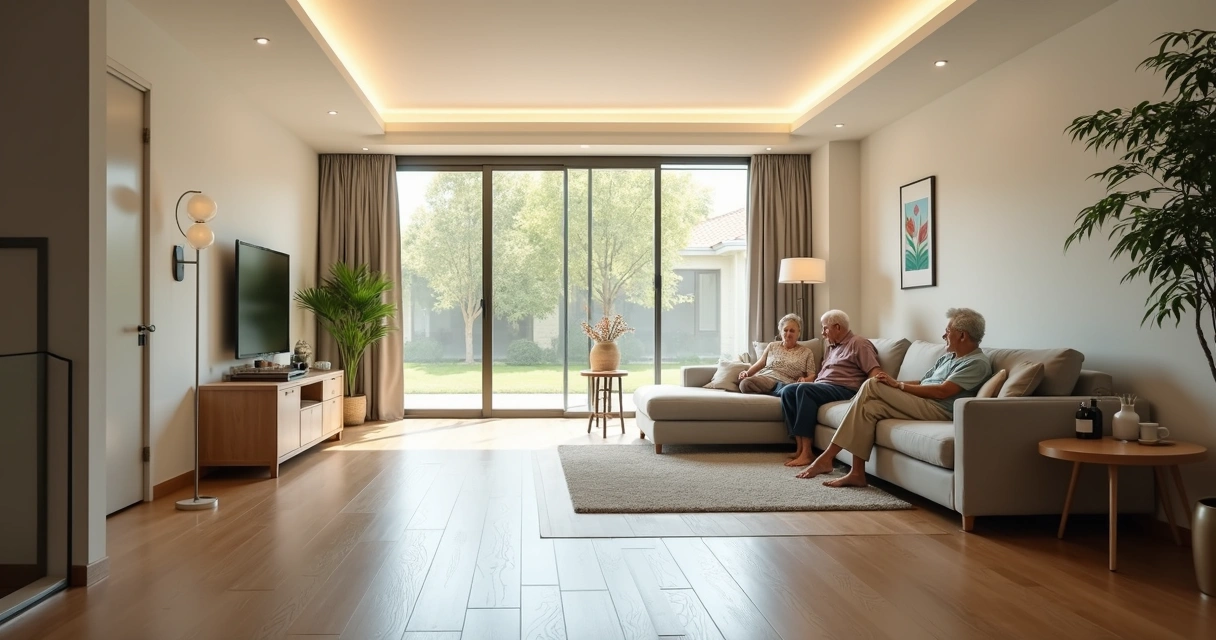 Sala ampla, iluminada, sem tapetes soltos, idosos sentados confortáveis 