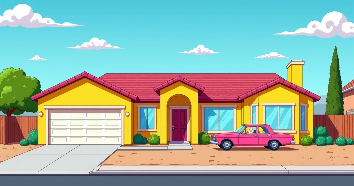 Facade of the Simpsons' house in Nevada, vibrant original color 