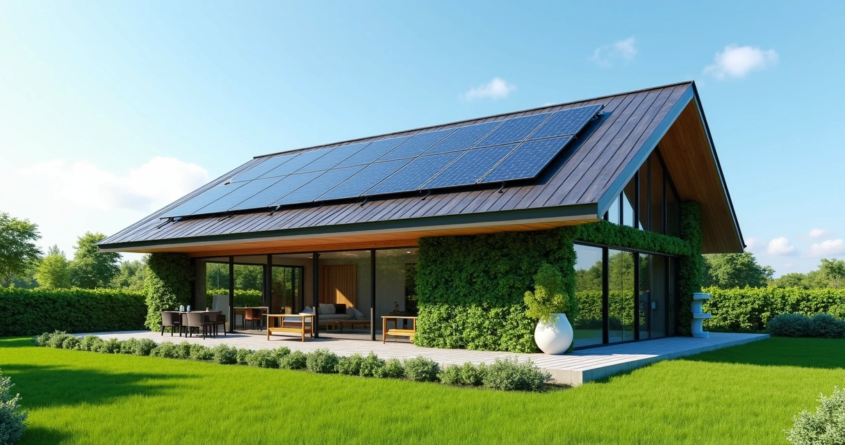 Casa moderna com painéis solares e jardim verde 