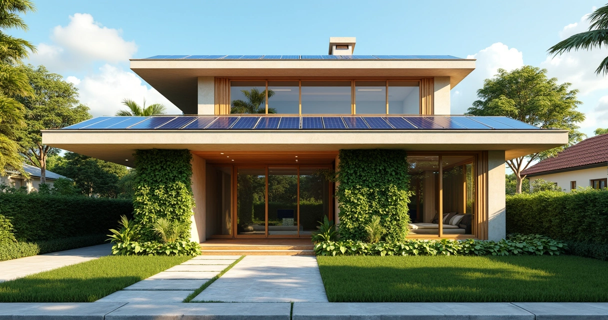 Fachada de casa moderna sustentável com painéis solares e muito verde 