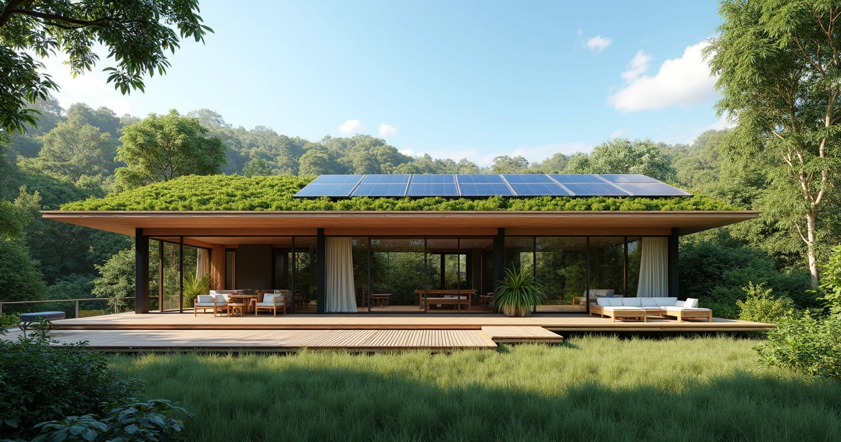 Casa moderna com painéis solares sobre telhado ecológico e jardim ao redor 