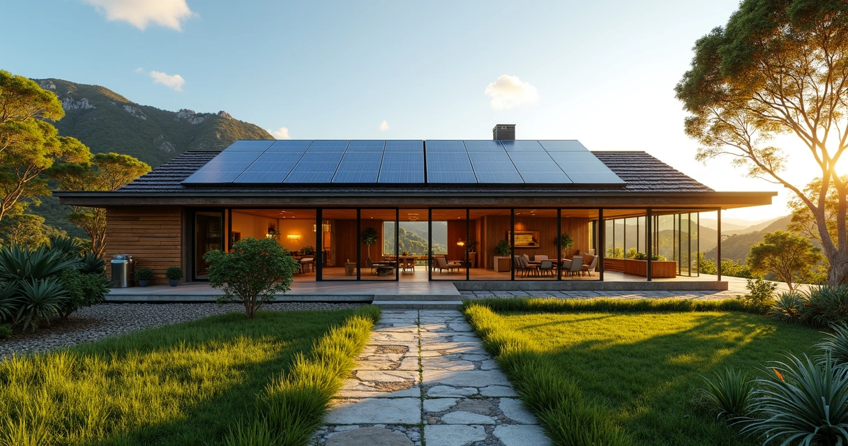 Casa moderna sustentável com painéis solares e muito verde ao redor 