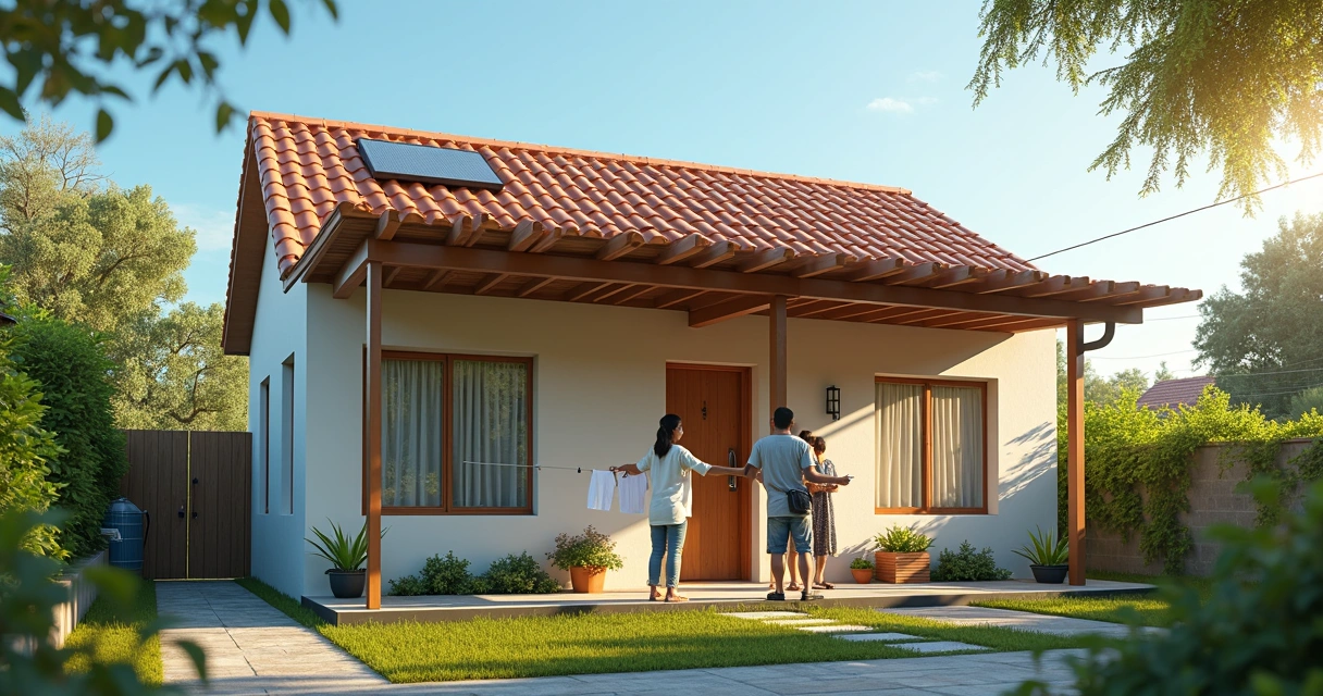 Fachada de casa sustentável simples com soluções econômicas de eficiência energética 