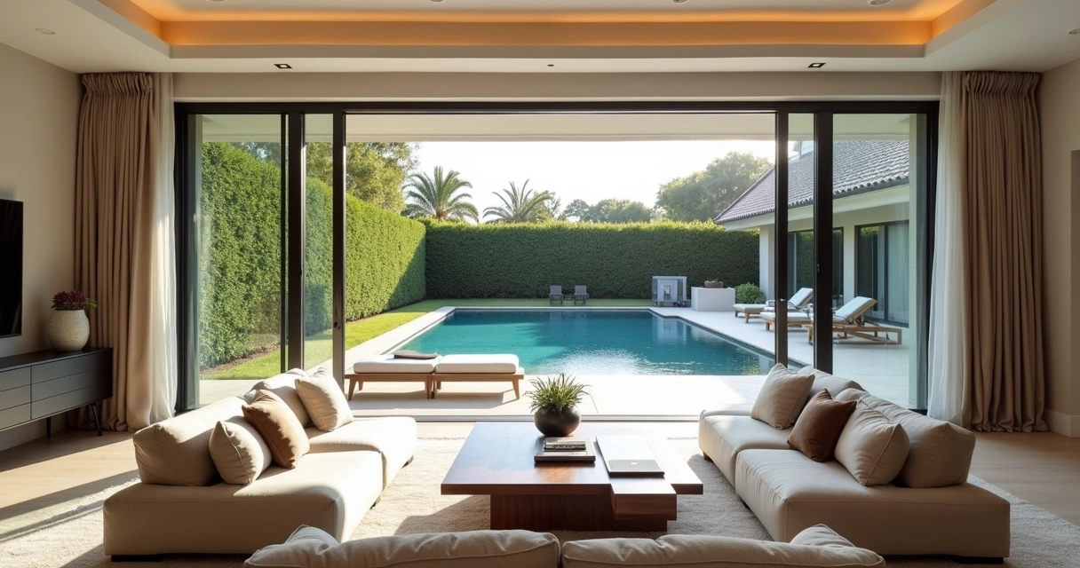 Casa de temporada ampla com piscina, móveis modernos e decoração elegante
