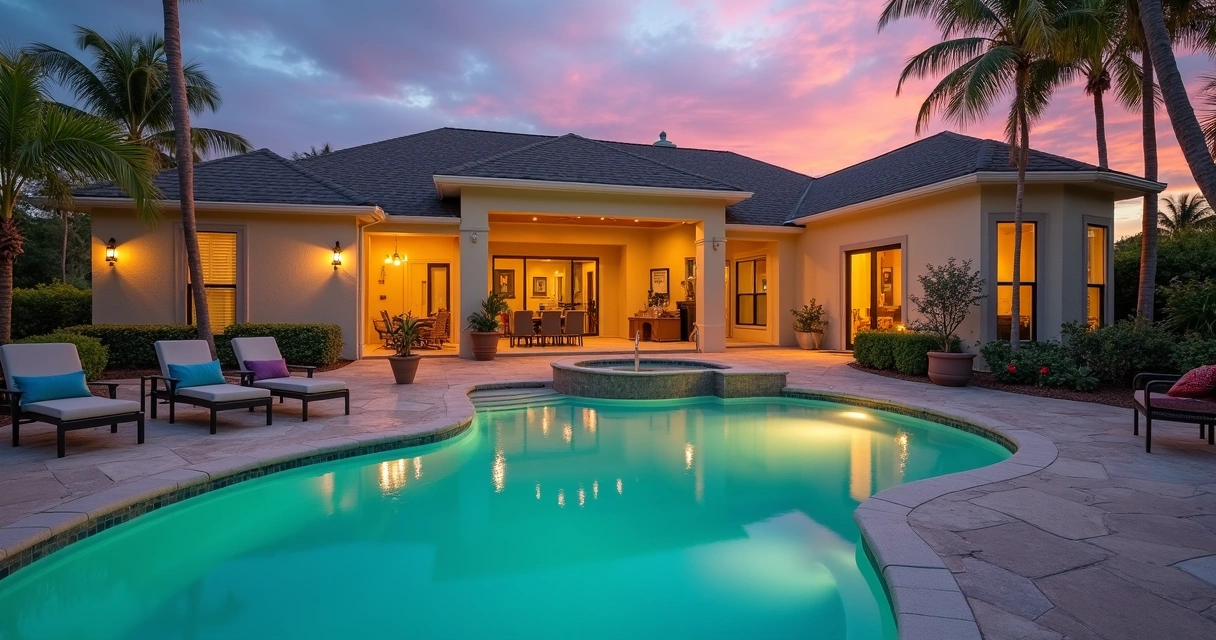 Casa com piscina para aluguel de temporada em Orlando, vista ao entardecer. 