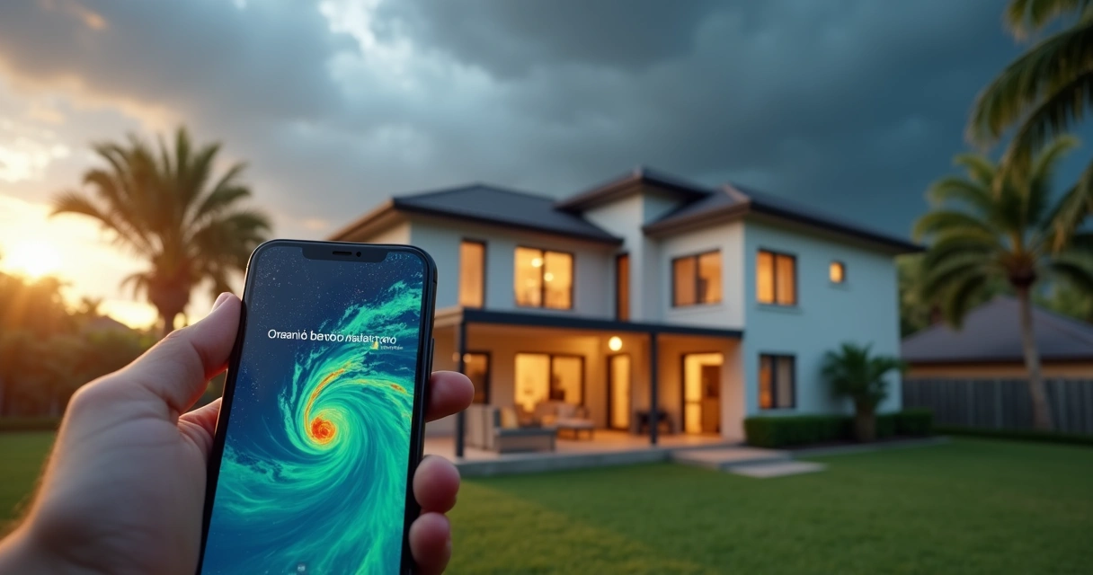 Casa de temporada em Orlando com céu nublado e alerta meteorológico de furacão