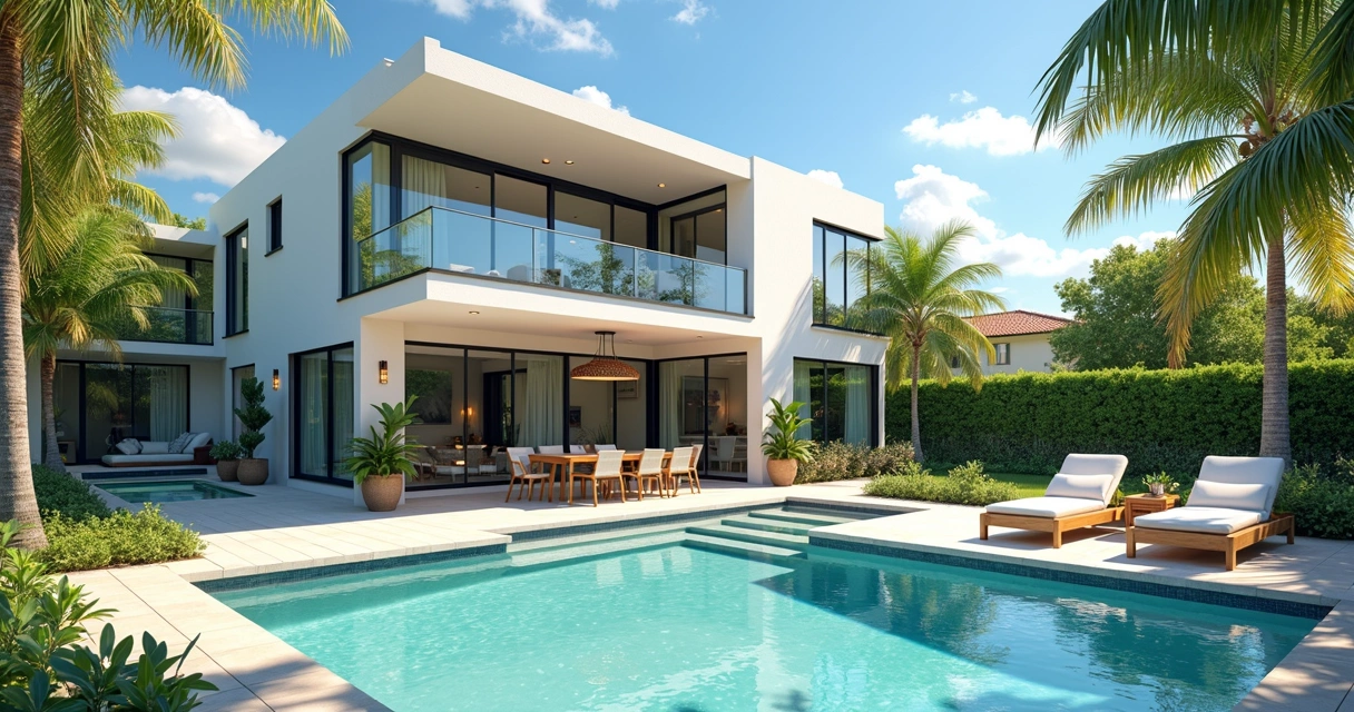 Casa moderna de temporada em Orlando com piscina e jardim verde em dia ensolarado 