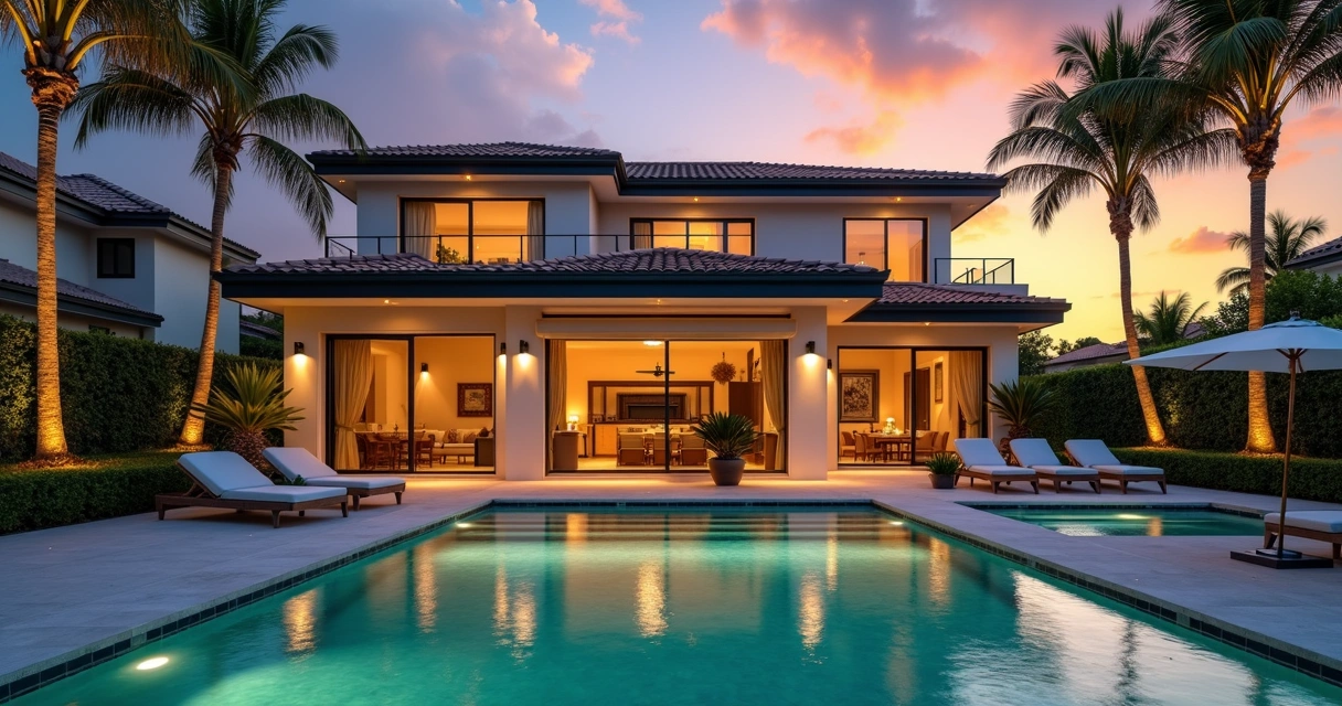 Casa de temporada em Orlando com piscina ao entardecer, área externa com jardim e decoração moderna 