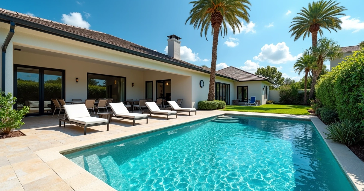 Piscina de casa de temporada com cadeiras e área externa em Orlando. 