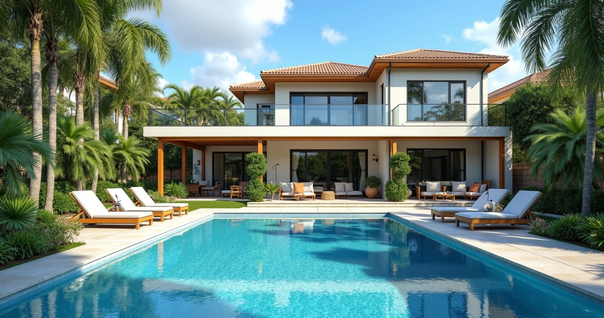 Casa de temporada moderna com piscina ao ar livre em Orlando, área externa com piscina azul, espreguiçadeiras e jardim tropical 
