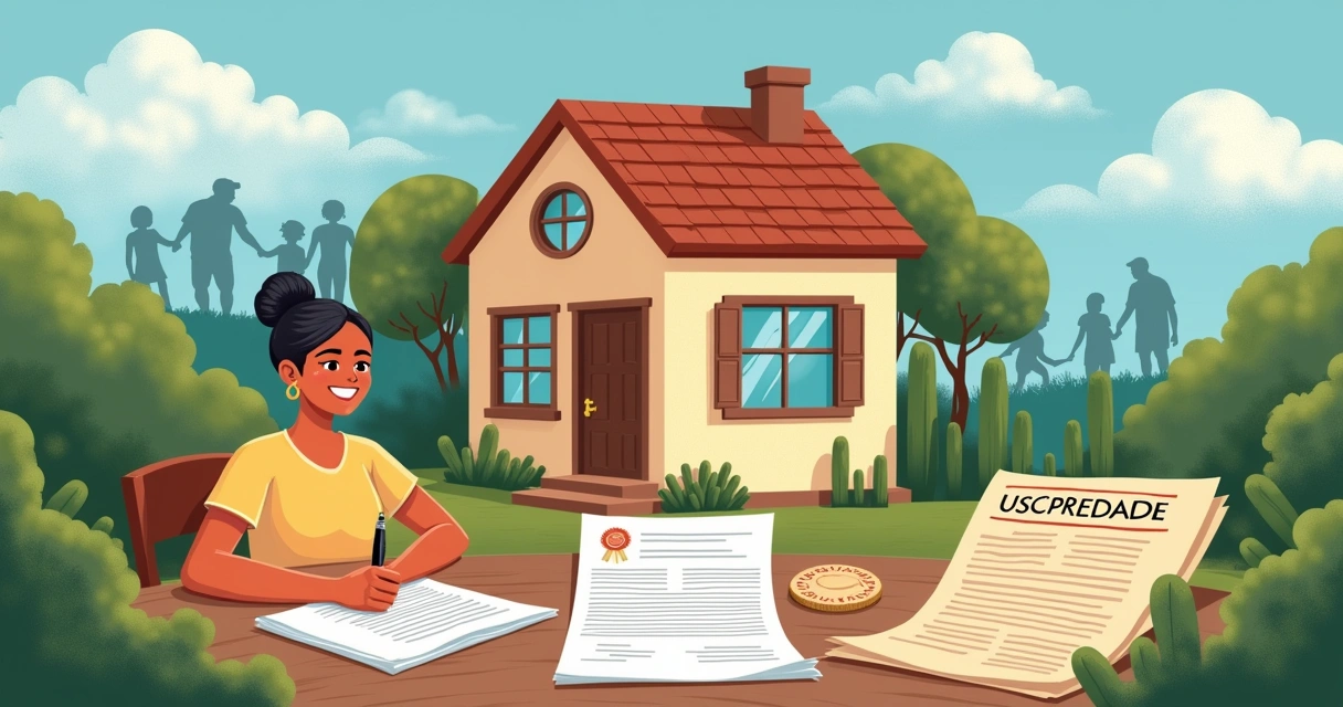 Ilustração de uma casa ao lado de uma pessoa assinando documentos, simbolizando usucapião e segurança na propriedade.