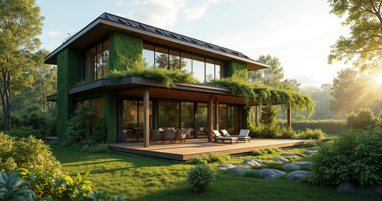 Casa sustentável com integração de jardim e painéis solares 