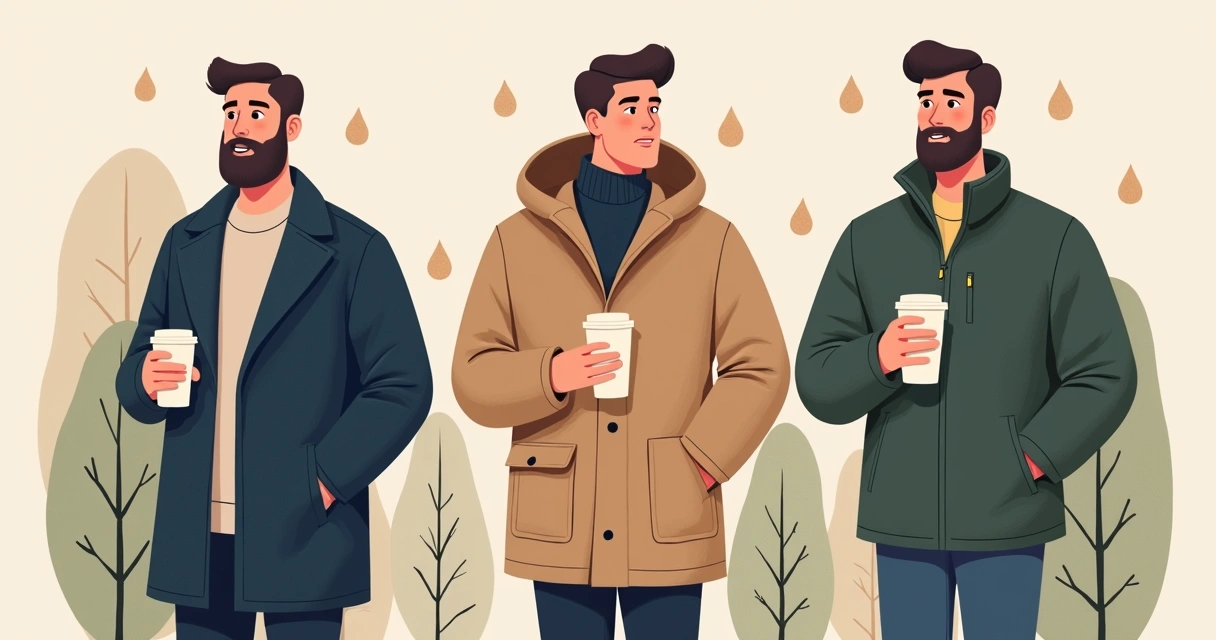 Diferentes casacos masculinos de inverno em materiais sustentáveis