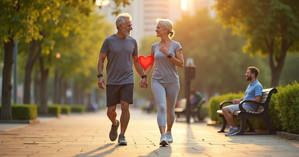 Casal de cerca de 50 anos caminhando em parque enquanto segura símbolo de coração vermelho 