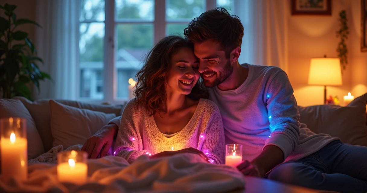 Casal abraçado em ambiente com luzes coloridas representando energia 