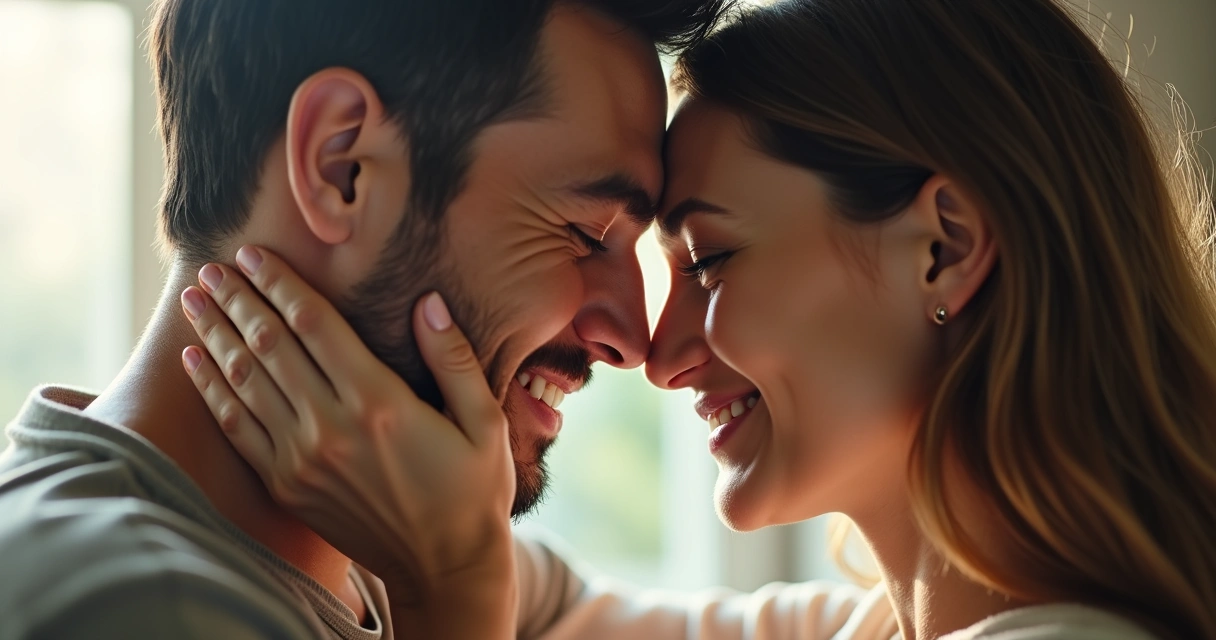 Casal abraçado tocando rosto e olhando nos olhos 