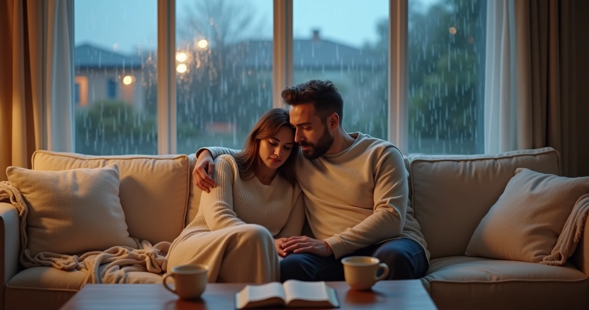 Casal abraçado em sofá perto da janela com chuva lá fora 
