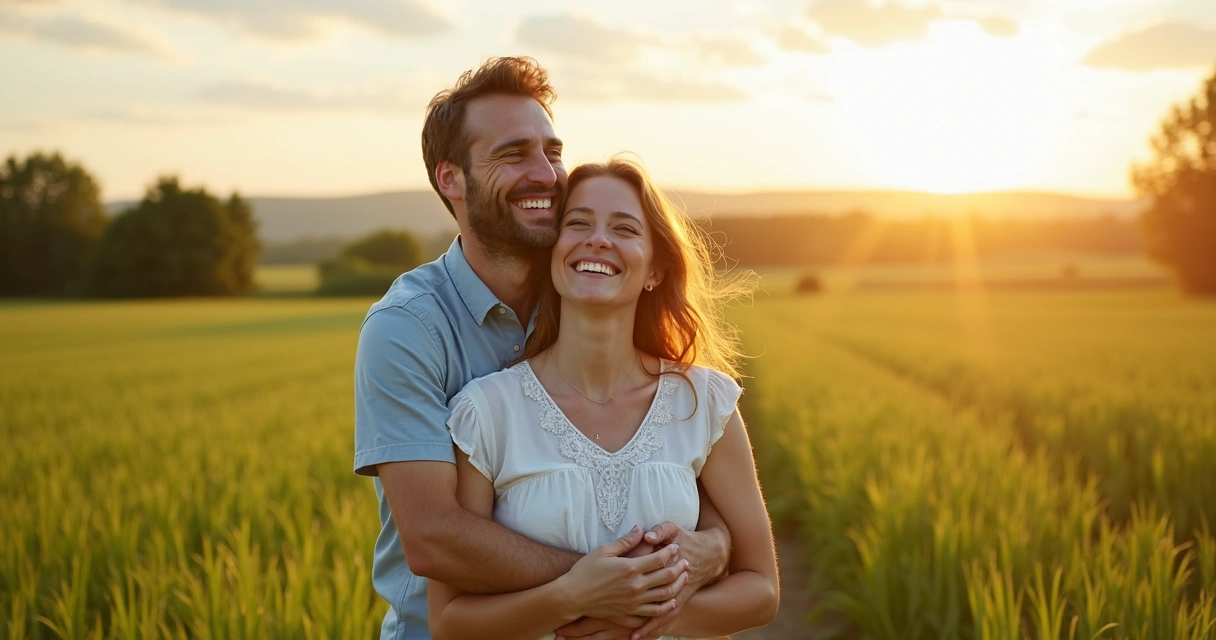Casal abraçados sorrindo em campo verde com sol ao fundo 