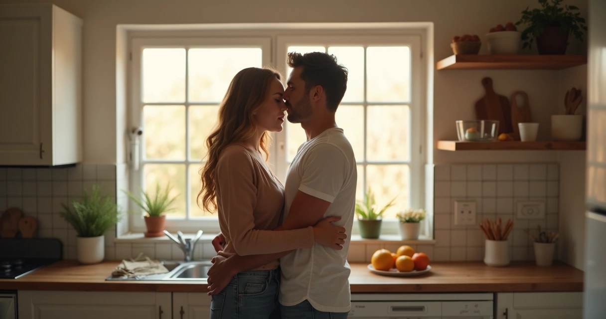 Casal se abraçando após discussão na cozinha 