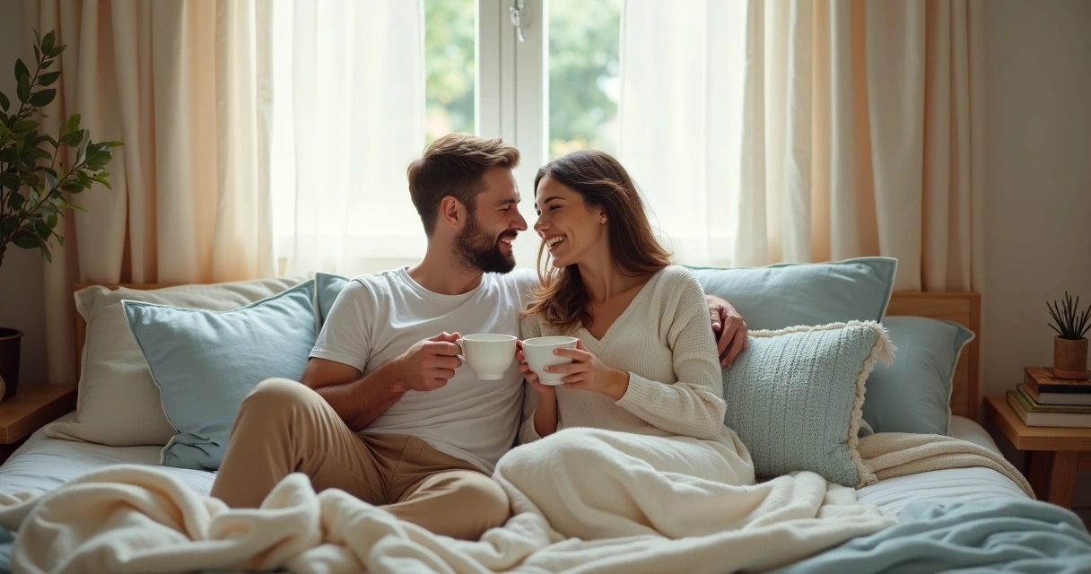 Casal abraçado tomando chá sentados, quarto aconchegante 