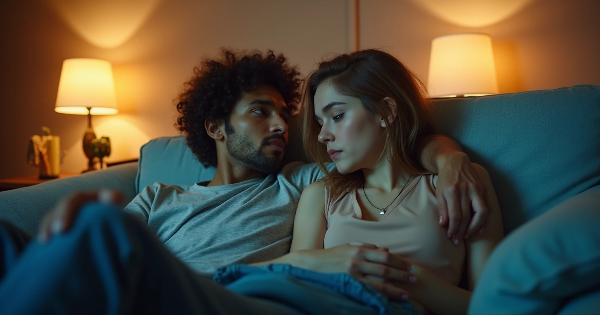 Casal abraçado no sofá com expressão preocupada 