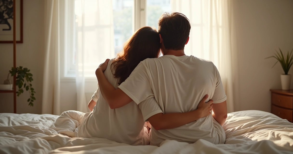 Casal abraçado em quarto, demonstrando afeto e confiança 