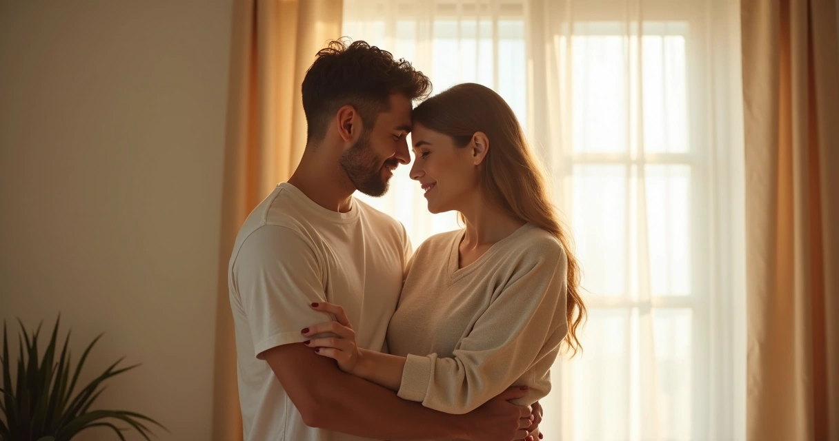 Homem e mulher se abraçando em clima de apoio e conforto emocional. 