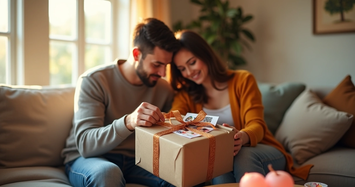 Casal sorrindo ao abrir caixa de presente personalizada 