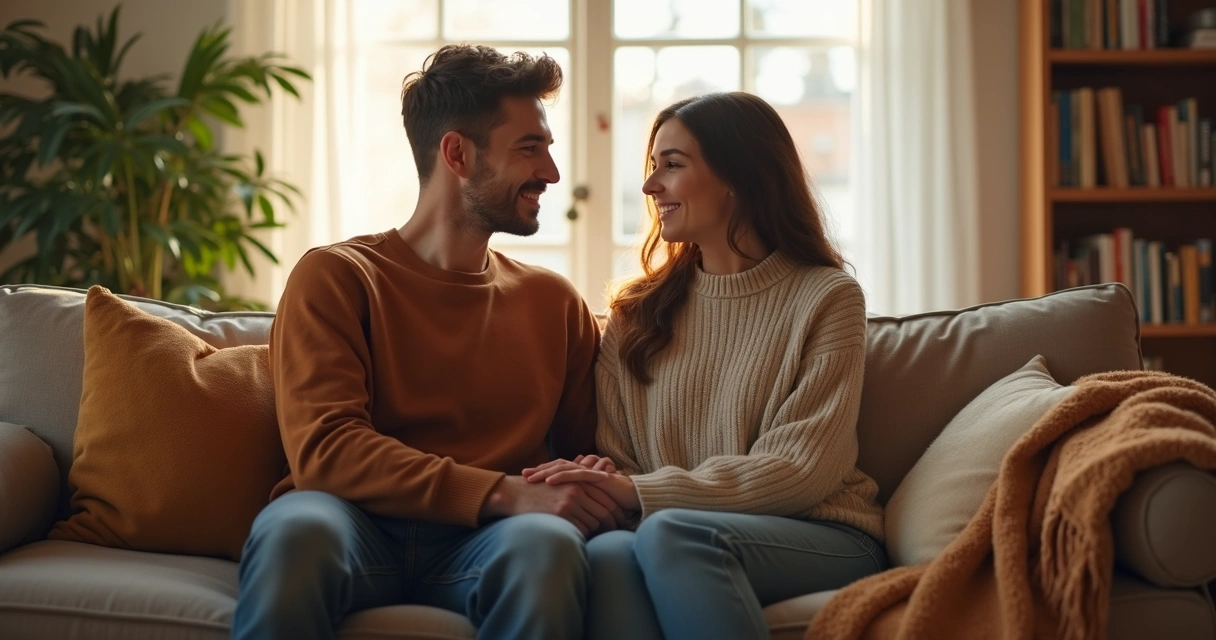 Casal sentado em sofá, mãos dadas, ambiente aconchegante 