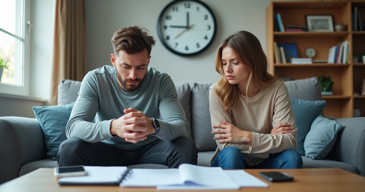 Casal adulto no sofá com relógio e documentos simbolizando desafios do TDAH no relacionamento 