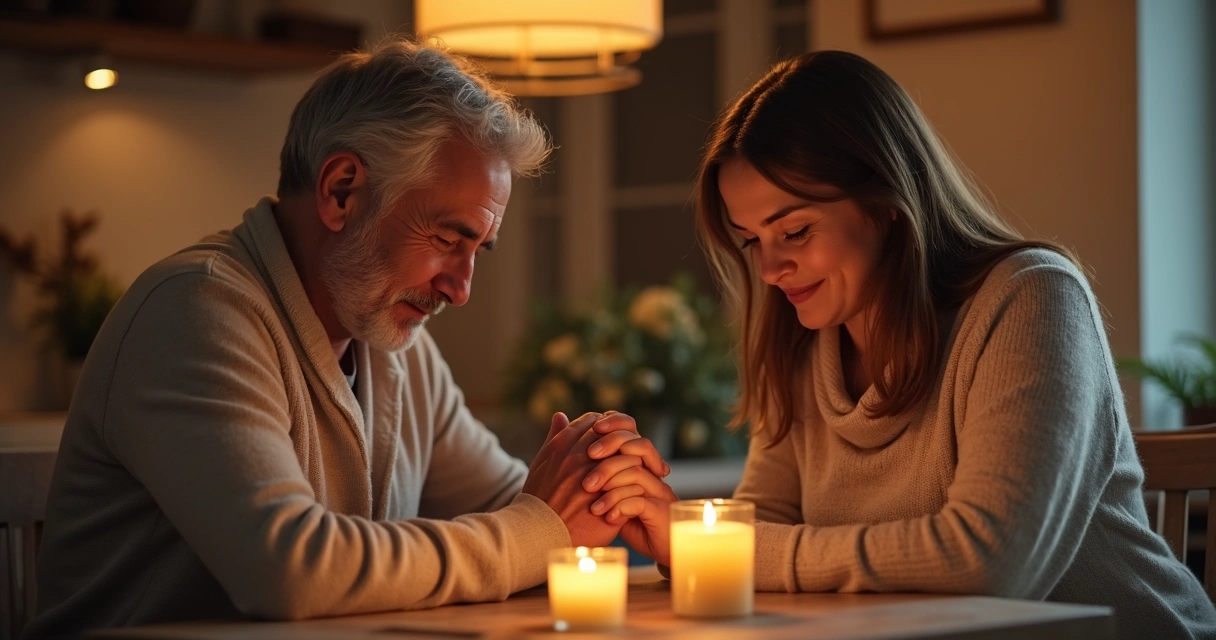 Casal sentado na sala de jantar, de mãos dadas, olhando nos olhos enquanto agradecem a Deus 
