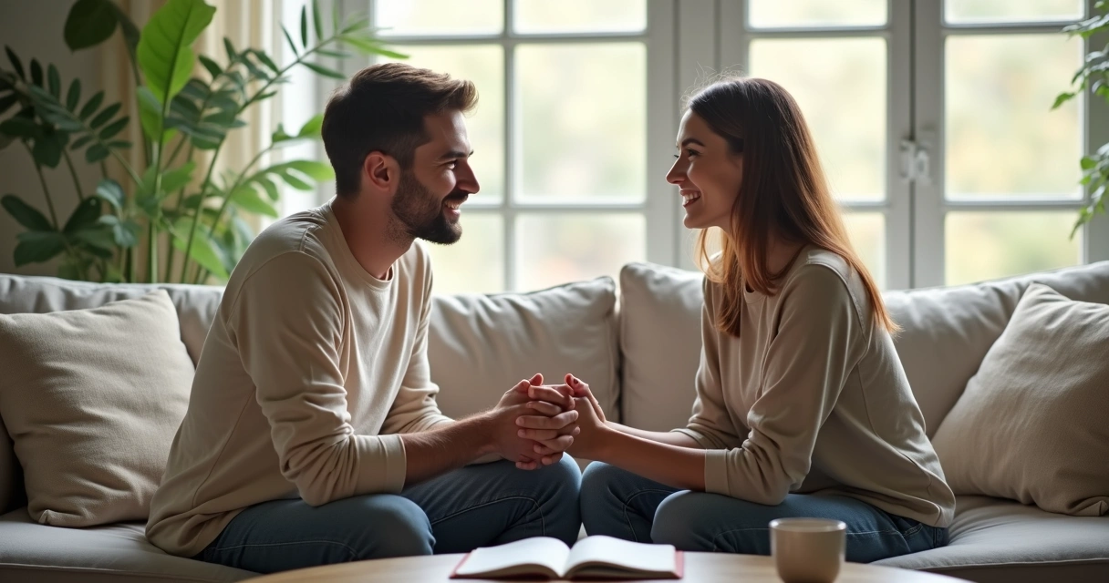 Casal sentado de frente em conversa calma em sala iluminada 