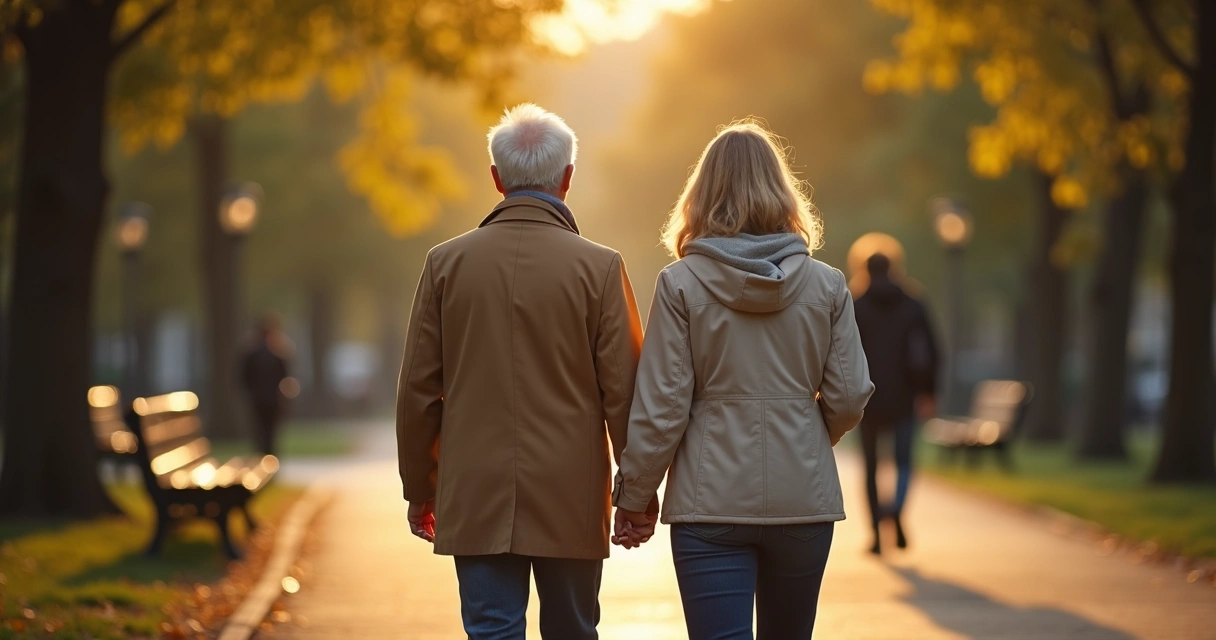 Casal de meia-idade caminhando juntos em parque ao entardecer de mãos dadas 