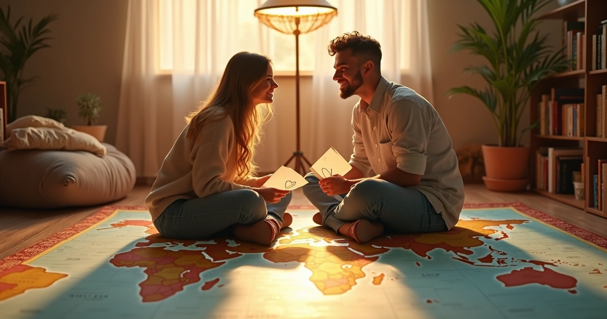 Casal sentado em lados opostos de um mapa, sorrindo um para o outro enquanto seguram cartas de amor 