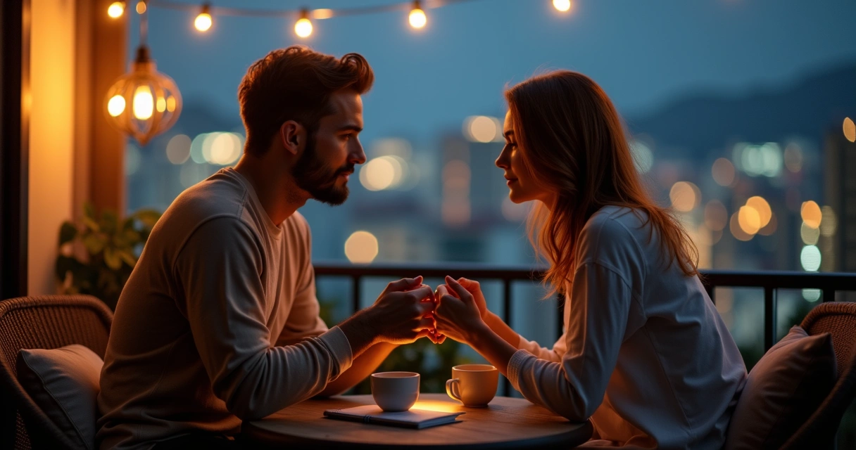 Casal conversando de mãos dadas em varanda à noite com cidade ao fundo 