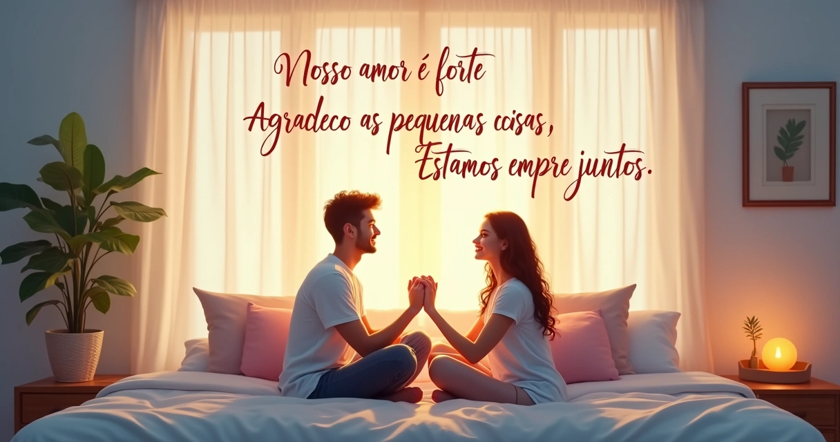 Casal sentado em uma cama com mantras flutuando, luz suave do amanhecer e ambiente acolhedor.
