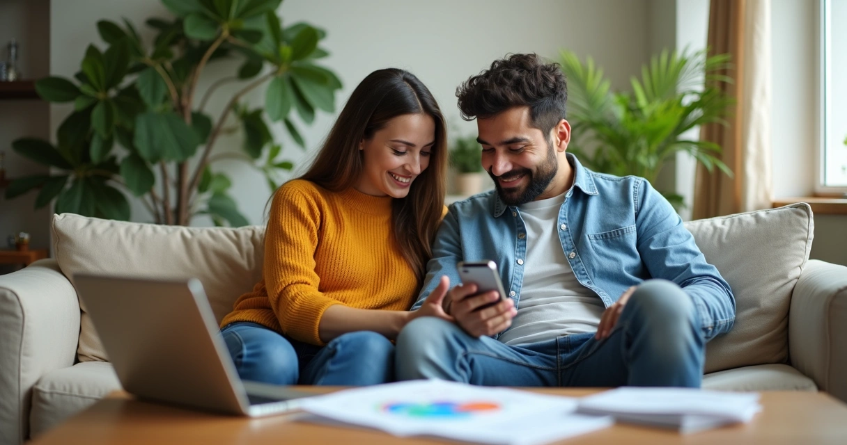Casal analisando finanças juntos no celular 