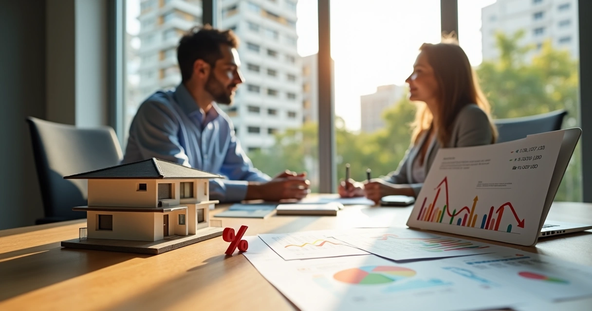 Casal jovem analisando financiamento imobiliário em frente a corretor com miniatura de casa e ícones de juros caindo 