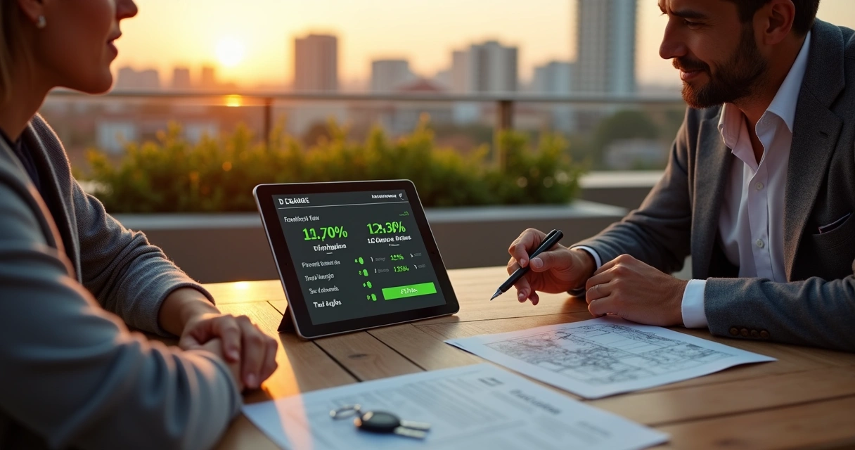 Casal de classe média analisando simulação de financiamento imobiliário em tablet diante de prédio em Campinas 