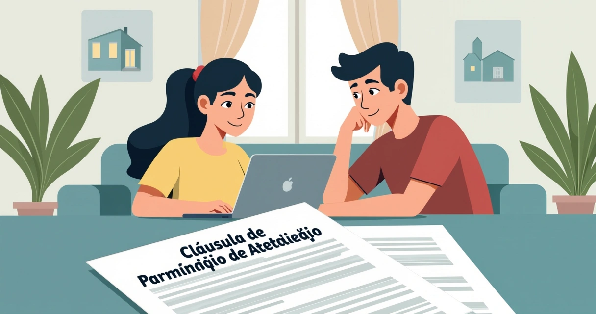 Casal analisando contrato de imóvel em ambiente confortável com destaque para Cláusula de Patrimônio de Afetação.
