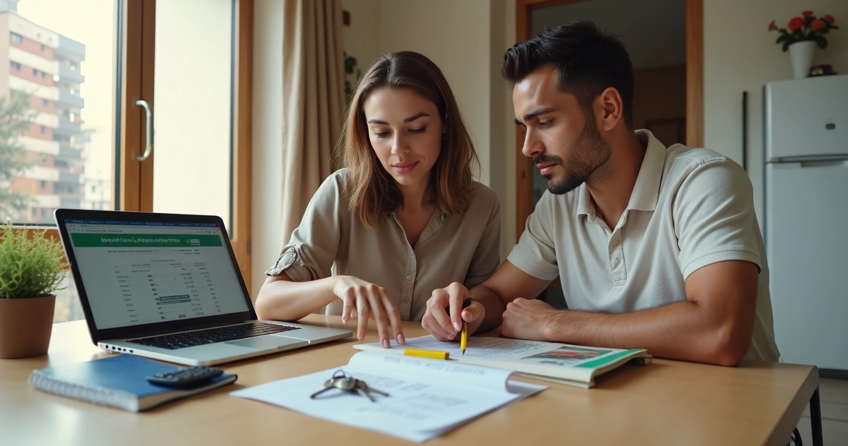 Casal jovem analisando simulação de uso do FGTS para compra de imóvel em mesa de cozinha 